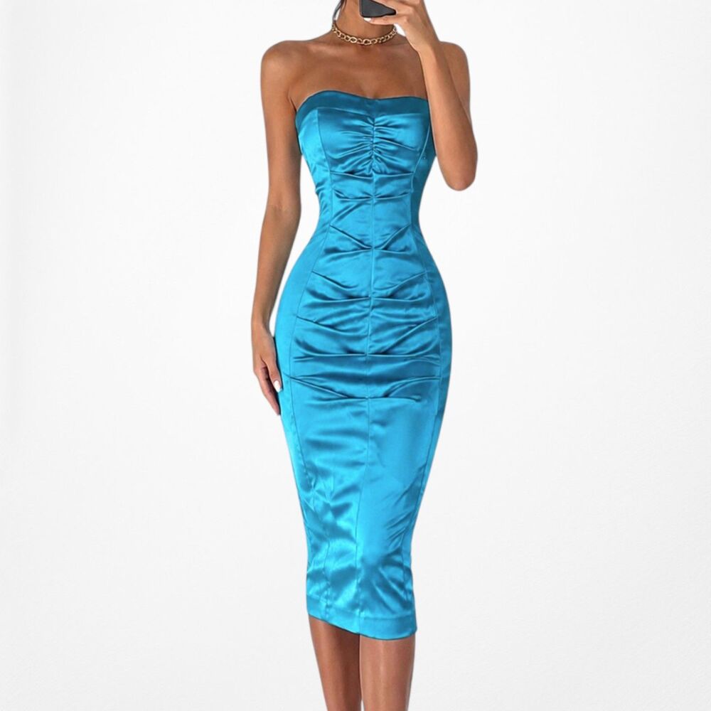 Vintage Y2K 90s Blue Satin Strapless Pleated Knee Length Bodycon Dress Size XS